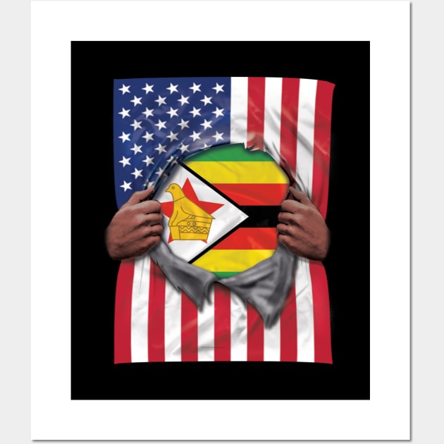 Zimbabwe Flag American Flag Ripped - Gift for Zimbabwean From Zimbabwe Wall Art by Country Flags